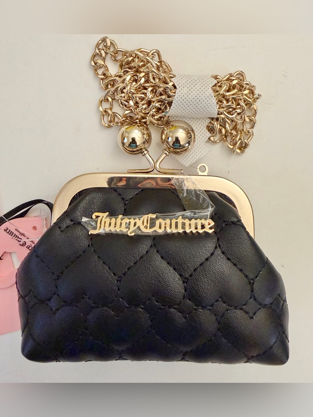 Juicy Couture Quilted Heart Mini Crossbody Coin Purse w/Gold Chain (Blk or Brow)